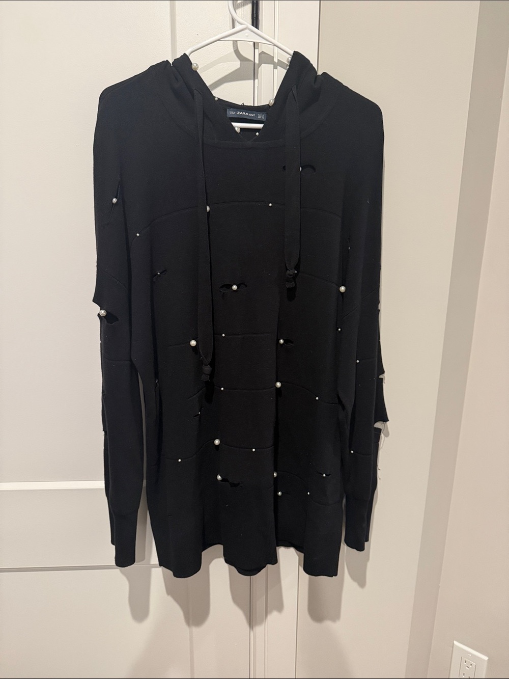 Zara Black Pearl-Detail Hooded Jumper